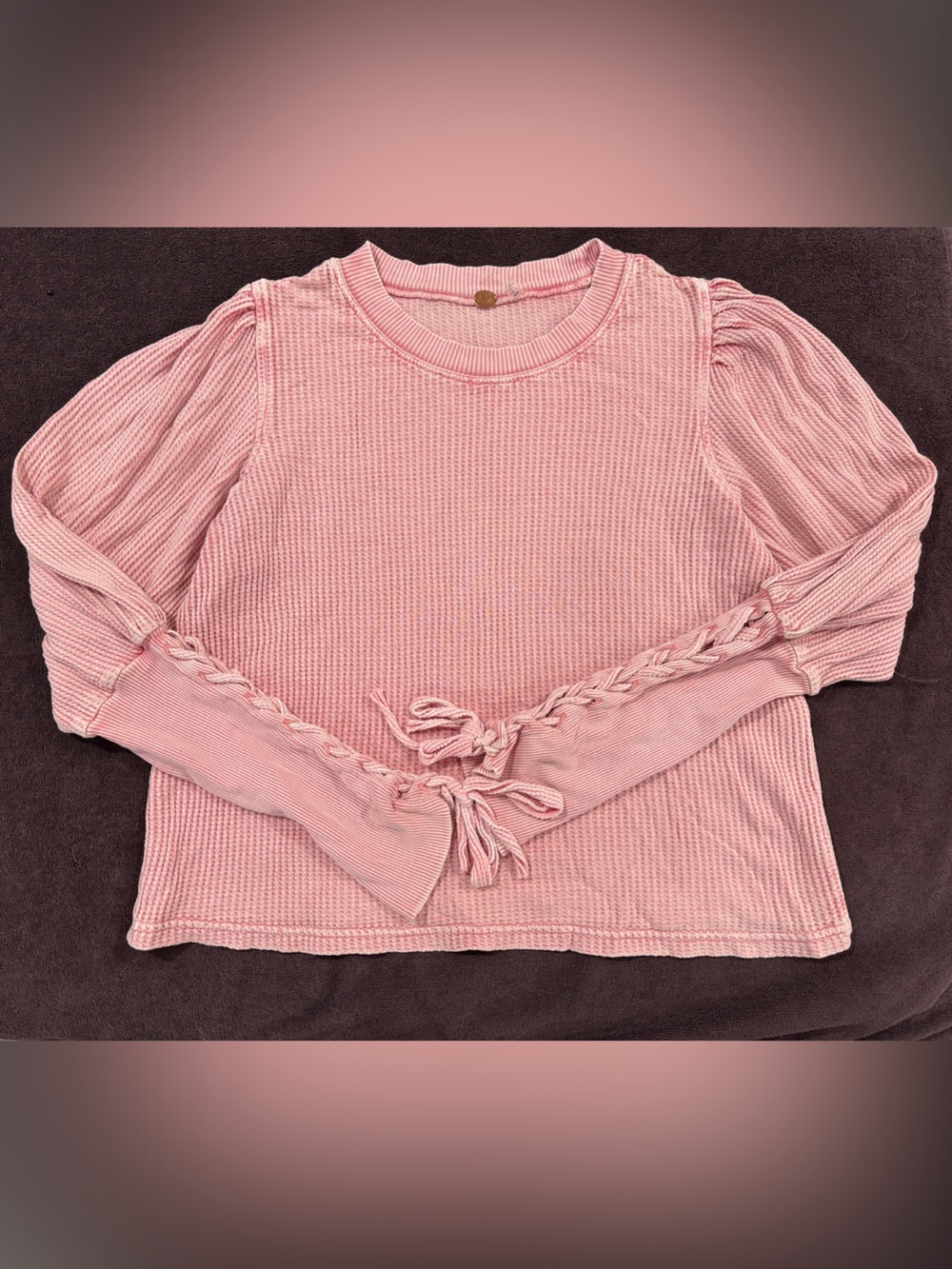FP One Soft Pink Waffle Knit Long-Sleeve Top with Braided Sleeve Detail